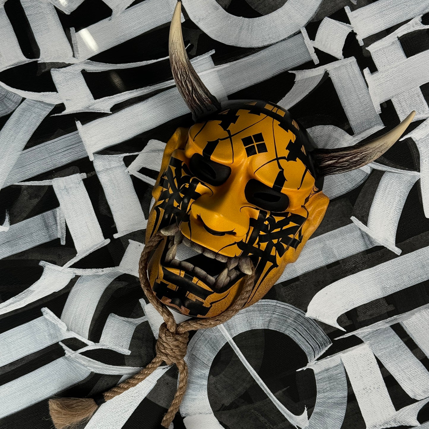 Hand-Painted Yellow Hannya Mask with Calligraphic Ornaments
