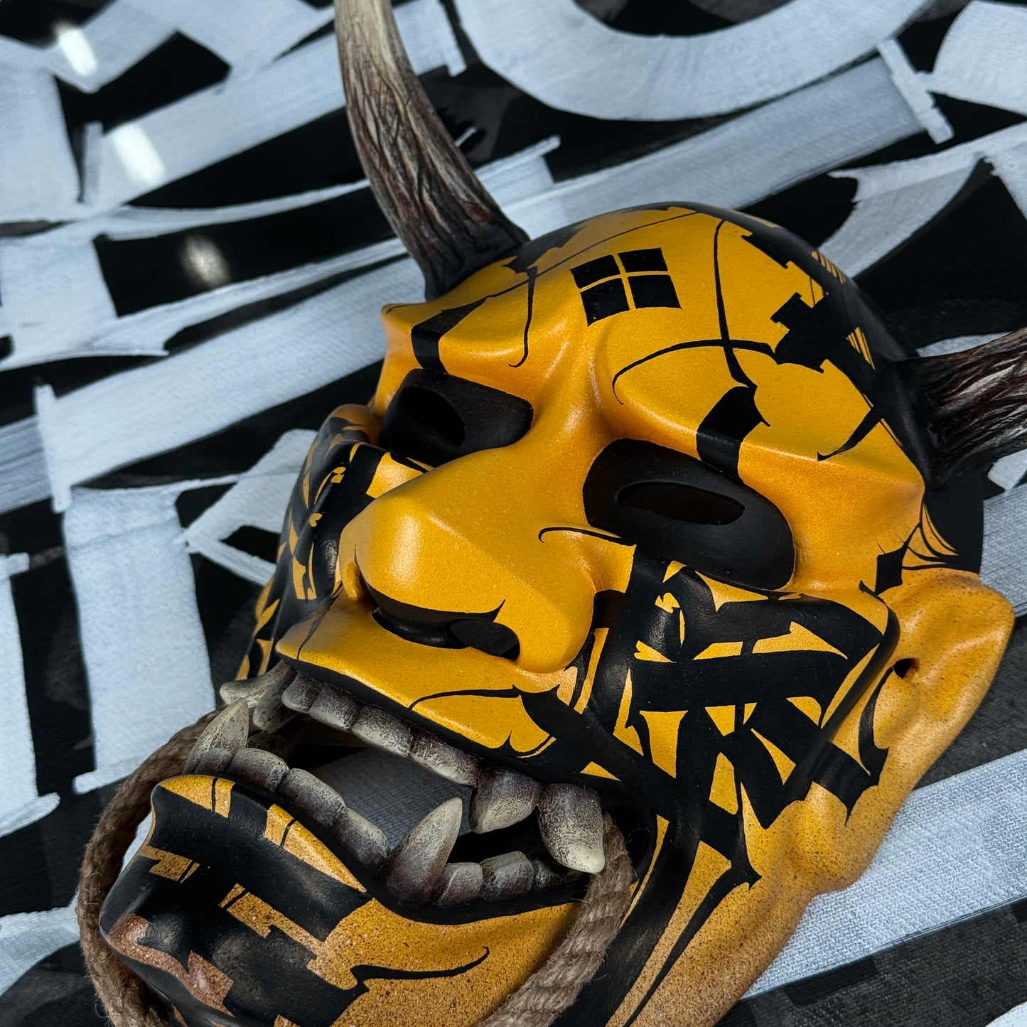 Hand-Painted Yellow Hannya Mask with Calligraphic Ornaments