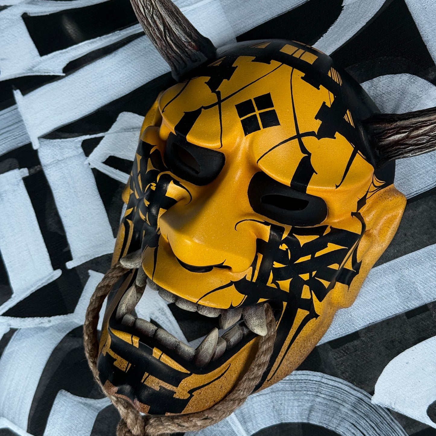 Hand-Painted Yellow Hannya Mask with Calligraphic Ornaments