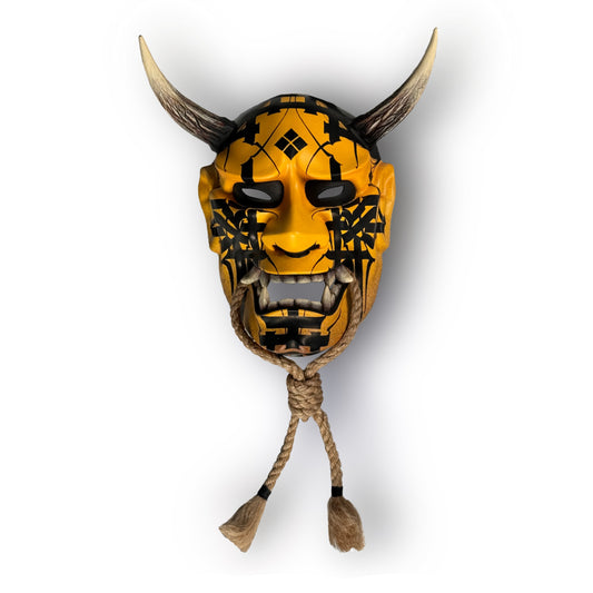 Hand-Painted Yellow Hannya Mask with Calligraphic Ornaments